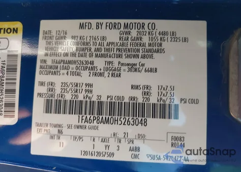2017 Ford Mustang V6 from USA, damaged, VIN 1FA6P8AM0H5263048